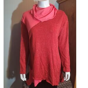 Pink Lagenlook Oversized Knit Blouse XL Artsy Hanky Hem Hooded Speckled Cozy